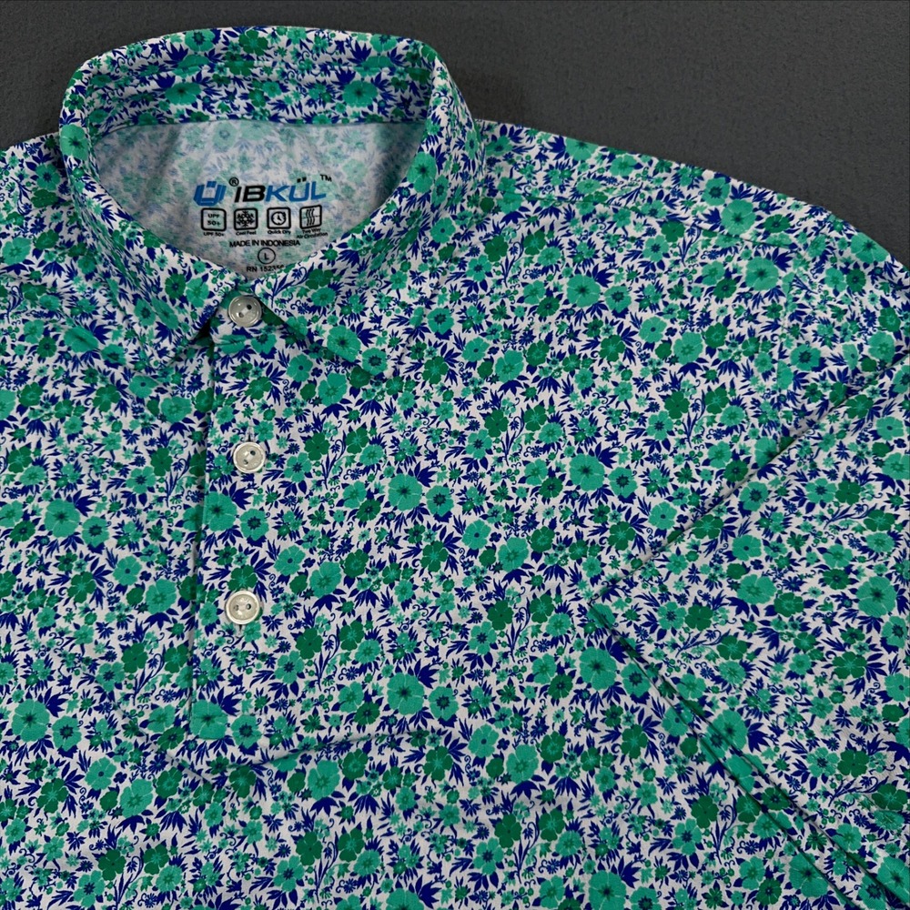 IBKUL Mens Floral Polo Shirt Green Blue IceFil UPF 50 Performance Golf Top L